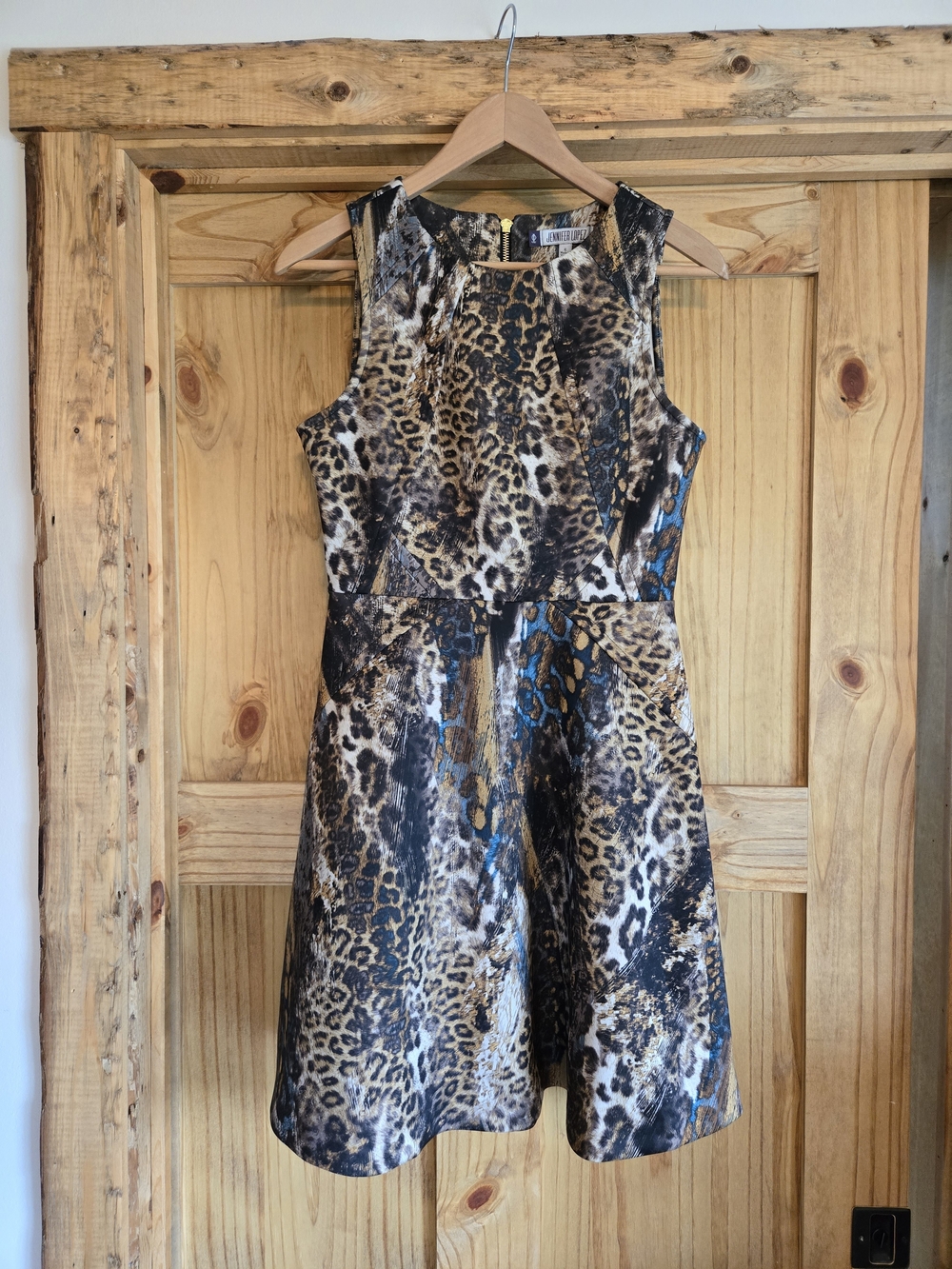 Jennifer Lopez Leopard Print Midi Dress with Blue Accents